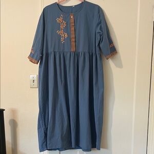 Embroidered Blue Midi Dress with Brown Accents